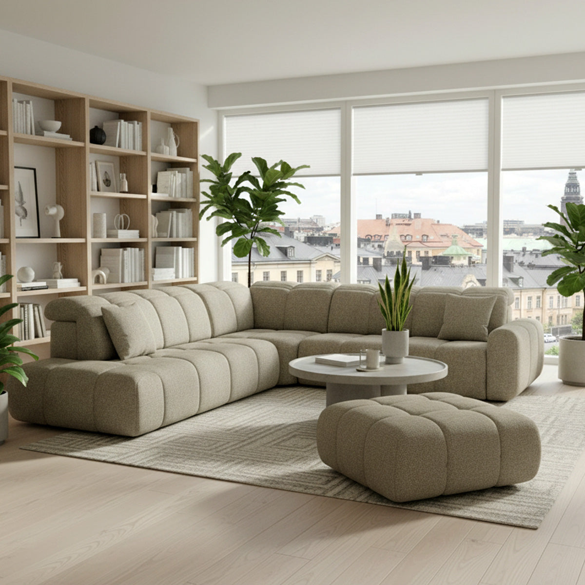 Bullet hjørnesofa og puf i smuk og lys stue