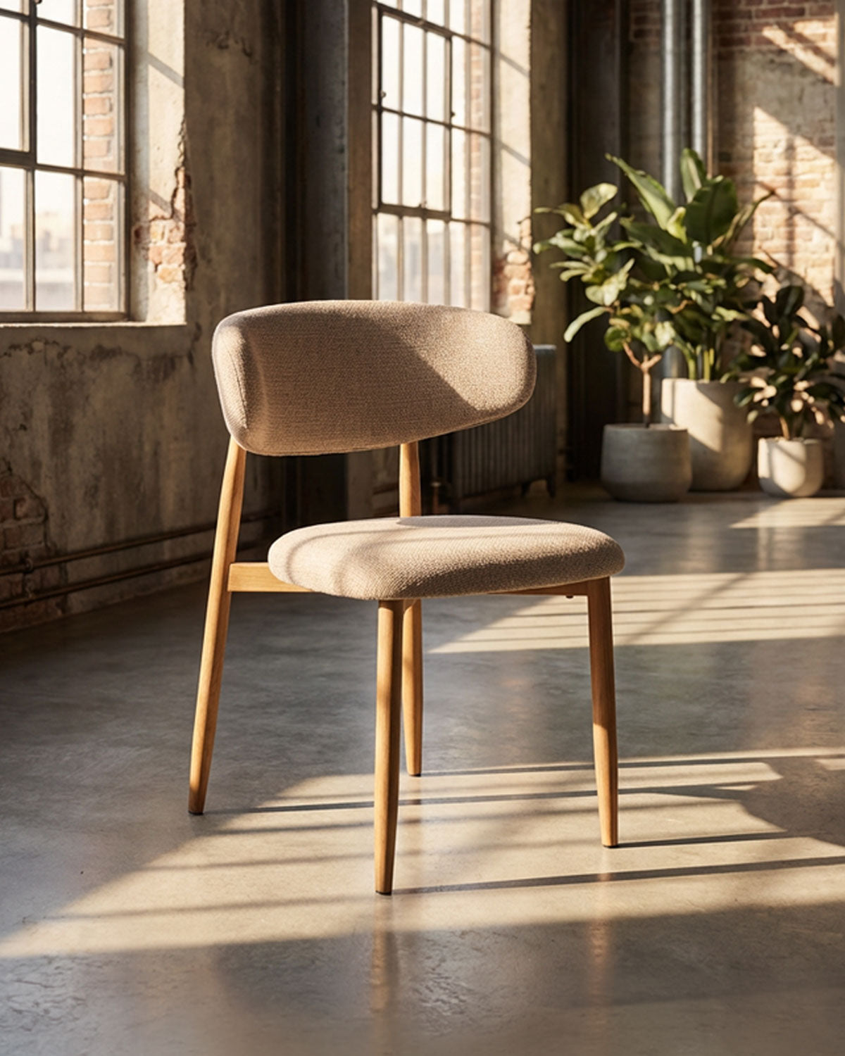 Elegant spisebordsstol fra BOOA, med træstel betrukket med tekstil.