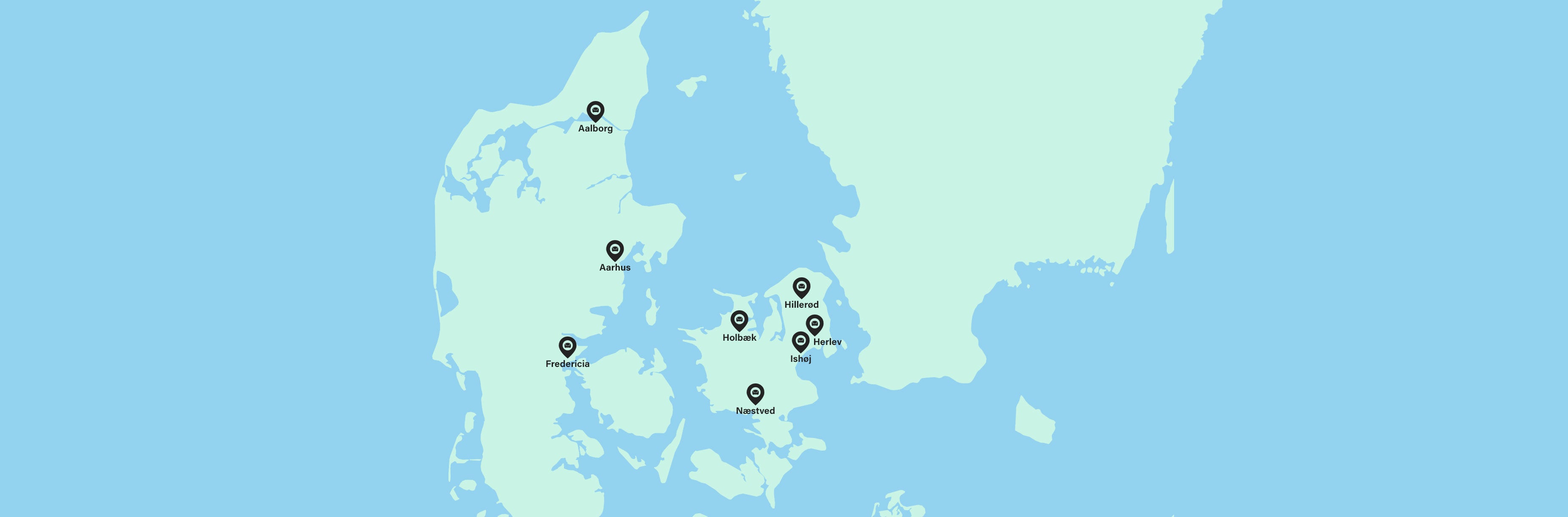 Danmarkskort der viser loakationen af BOOA's 8 bolighuse.
